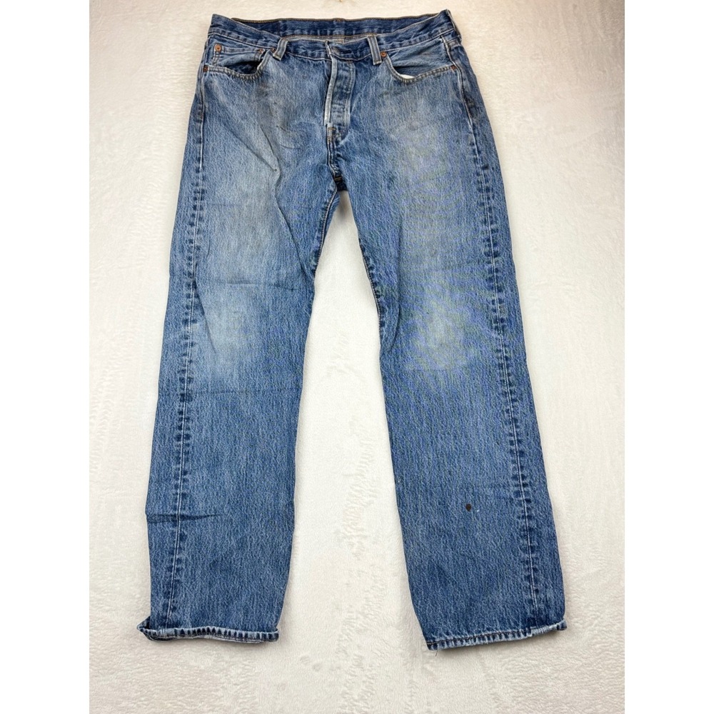 Levis 501 Mens 35x32 Indigo Blue Light Distressed Clean Faded  Denim